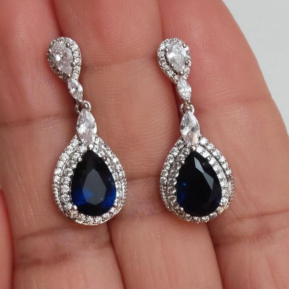 Faux Blue Sapphire and Cubic Zirconia Teardrop Earrings